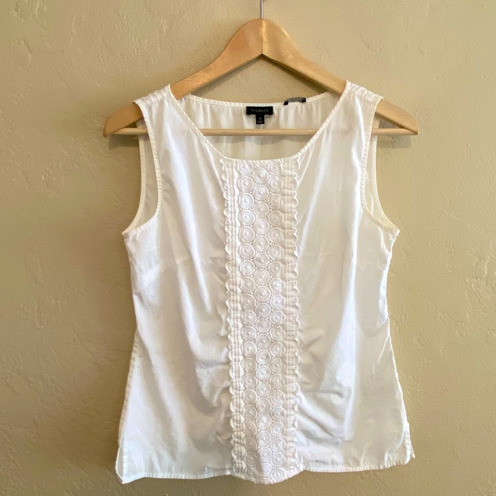 ☀️5/25☀️ Talbots White Ruffle Crochet Stretch Tank  - 98% Cotton Size 4